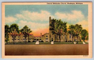 Central Methodist Church, Muskegon, Michigan, Vintage Linen Curteich Postcard