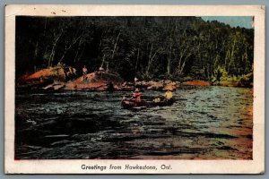 Postcard Hawkestone Ontario c1951 Greetings From Hawkestone Canoeing Down River