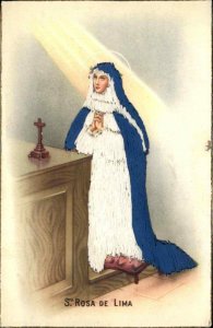 St Rosa de Lima REAL FABRIC THREAD Woman Praying Old Postcard