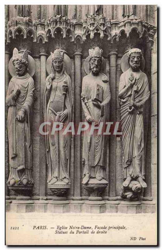 Old Postcard Paris Notre Dame church Main facade Statues of the right portal