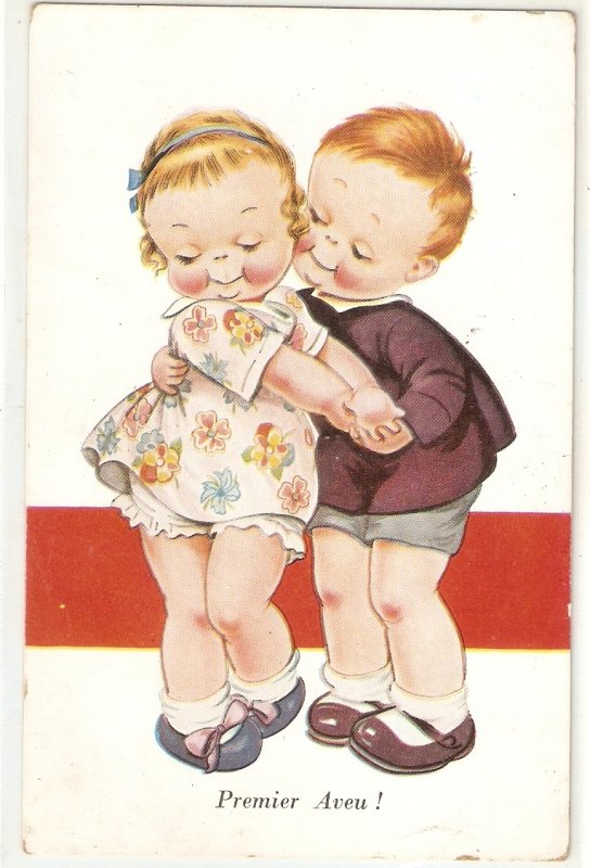 Children couple. First Confession! Premier Aveu! Lovely vintage French Postcar