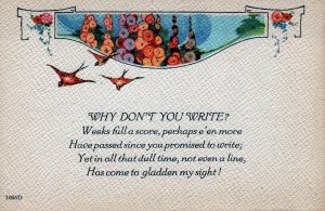 VINTAGE POSTCARD WHY DON'T YOU WRITE? BIRDS FLOWERS GREETINGS LINEN