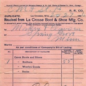 1896 La Crosse, Wis. Boot & Shoe Train Receipt CM&StP Railway Spring Grove MN R2