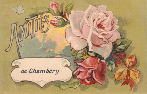 Beautiful roses. Amities de Chambery  Old vintage French greetings postcard