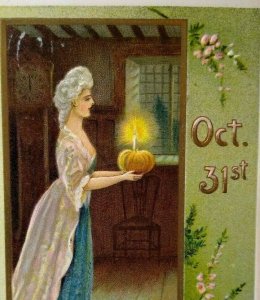 Halloween Postcard Victorian Women Pumpkin Candle Gottschalk Winsch Back 2471