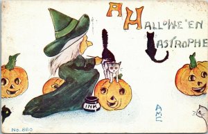 Postcard Halloween A/S AMC Witch Painting Cat Black JOL RARE FA Owen 1911 R1