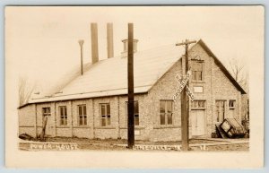 Lineville Iowa~Power House~Close Up Brick Building~Railroad Crossing~1918 RPPC 
