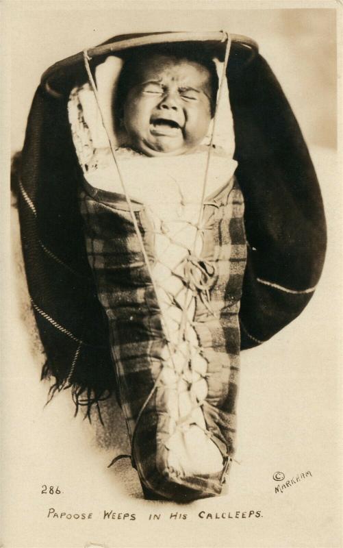 AMERICAN INDIAN PAPOOSE WEEPS in HIS CALCLEEPS ANTIQUE REAL PHOTO POSTCARD RPPC 