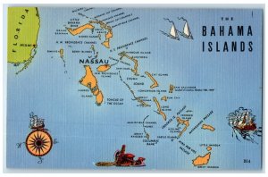 c1940's The Bahama Islands Map Compass Boat Anchor Bahamas Vintage Postcard