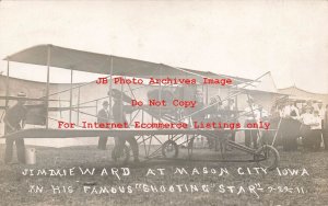 Early Aviation, RPPC, Jimmie Ward with Bi-Plane Shooting Star, Mason City Iowa