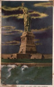 Vintage Postcard 1920's Statue Of Liberty At Night Bedloe Island New York Harbor