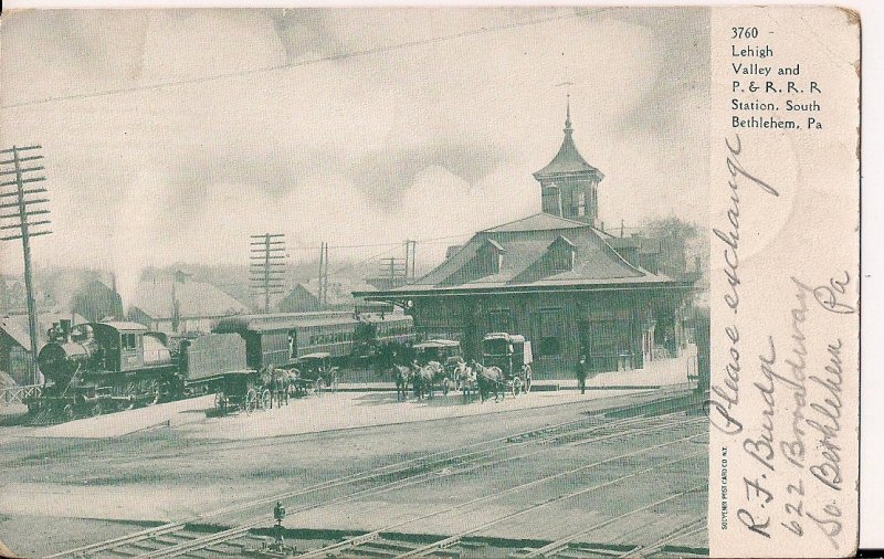 S Bethlehem PA, Train Station, Depot, Steam Locomtoive, Horse & Wagon, 1906