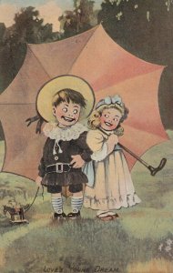 Love's Young Dream, Boy and Girl flirting under a big red Umbrella, PU-1907