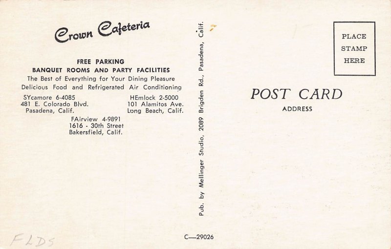 Crown Cafeteria Interior 30th St Bakersfield California postcard