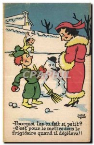 Fantasy - Child - Humor - Illustration - winter - snow - Snowman - Old Postcard