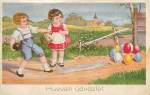 Holidays & celebrations seasonal greetings Easter children play egg basket 1918