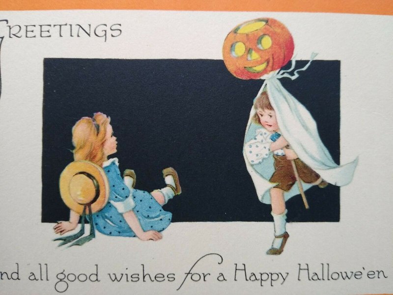 Vintage Halloween Postcard Gibson Checker Corners Unused Original Children Ghost