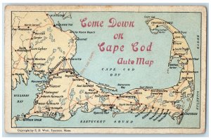 c1920's Come Down On Cape Cod Auto Map Route Cape Cod Massachusetts MA Postcard