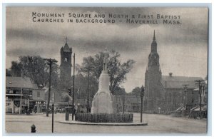 c1940's Monument Square and North & First Baptist Haverhill MA Postcard