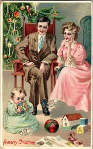 Christmas Mother Father Baby Toy Jester Doll c1910 Postcard Bloomington NY KJ1