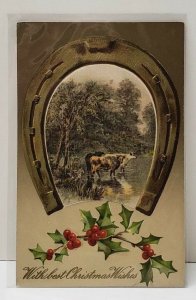 Best Christmas Wishes Cattle Gold Gilded Horseshoe Holly Germany Postcard B7