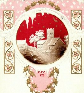 C.1910 Christmas Dresden Gilt Embossed Crescent Moon Eve Snow Stars Postcard P78 