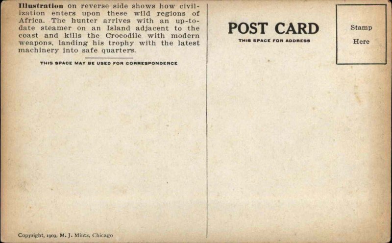 Hunter Rifle Boat Alligator Catch Africa Hunting Safari c1909 Vintage Postcard