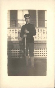 US Soldier in Uniform w/ Gun Rifle Weapon c1915 Real Photo Postcard