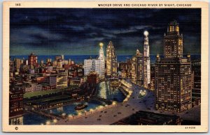 VINTAGE POSTCARD BIRD'S EYE VIEW OF WACKER DRIVE & THE CHICAGO RIVER AT NIGHT