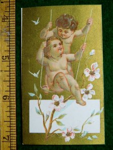 1870s-80s Lovely Adorable Cherubs Swinging Cherry Blossoms Victorian Card F32