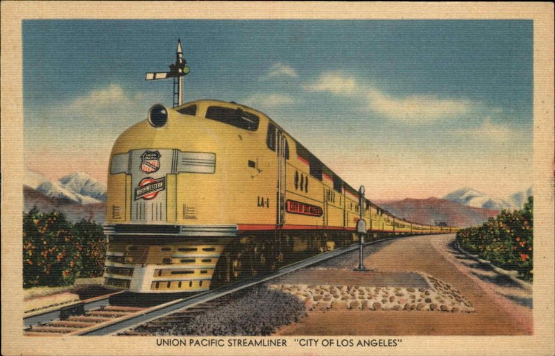 UP Union Pacific RR Train Streamliner CITY OF LOS ANGELES Linen Postcard