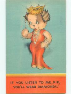 Unused Linen comic HUMANIZED FEMALE DOG WEARS DRESS AND CROWN k3504