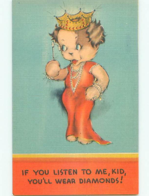 Unused Linen comic HUMANIZED FEMALE DOG WEARS DRESS AND CROWN k3504