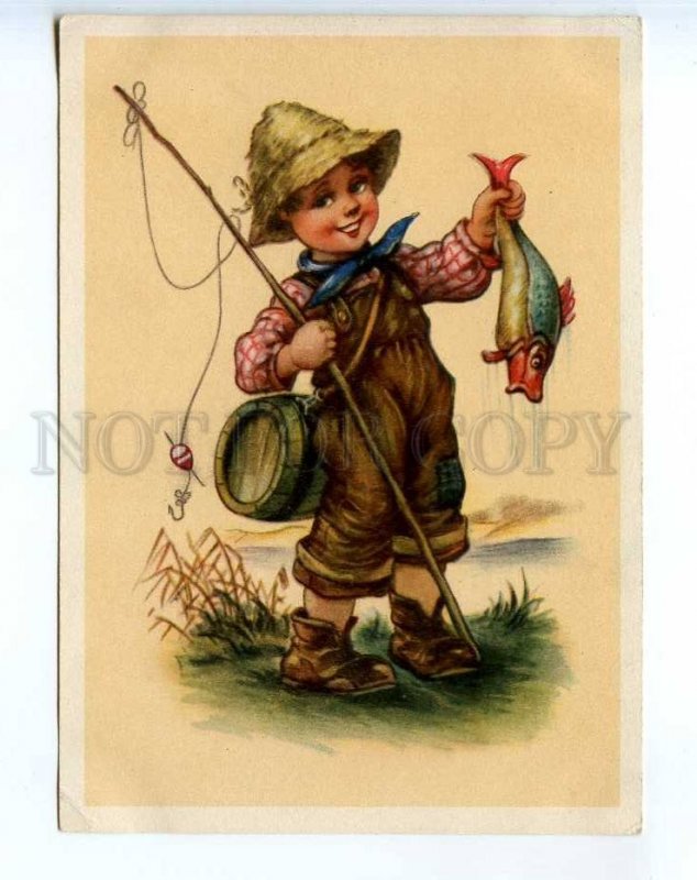 241659 GERMANY CHILDREN boy fisherman w/ FISH Vintage postcard