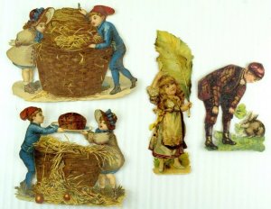 1880's Lovely Victorian Die Cut Kids Playing Rabbit  Lot of 4 Z41