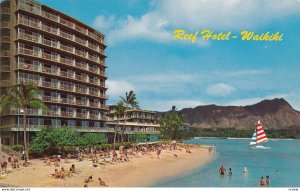 WAIKIKI BEACH, Hawaii, 1950-1960's; Diamond Head And The Reef Hotels