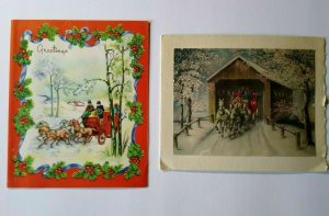 Mid Century Modern Christmas Greeting Cards Horse & Buggy Set Of 2 Vintage