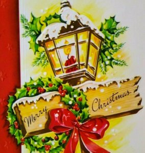 Mid Century Modern Christmas Greeting Card Street Light Lantern Wreath Stars