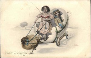 Easter Fancy Children Ride Chick Pulled Egg Cart c1900s-10s Postcard