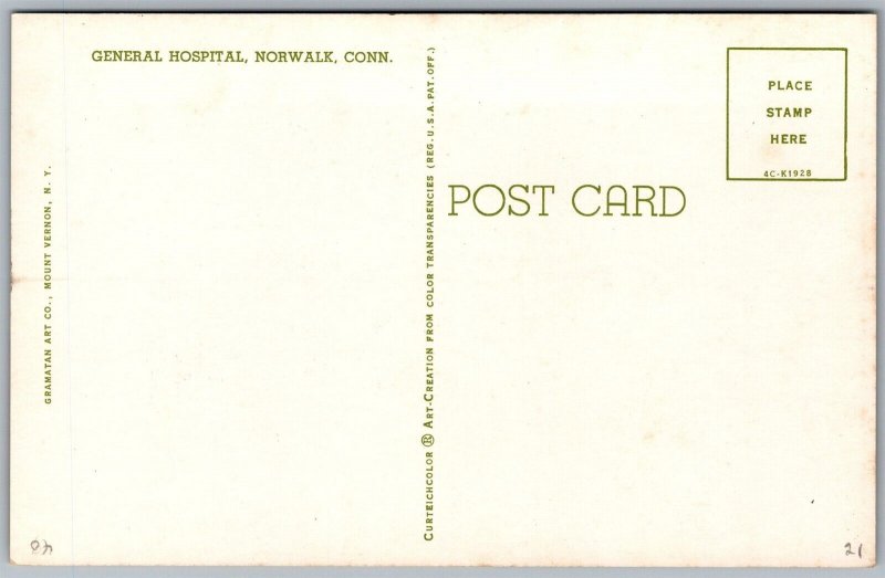 Vtg Norwalk Connecticut CT General Hospital 1950s Curteich View Postcard