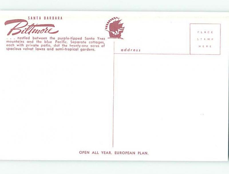 Unused Pre-1980 BILTMORE HOTEL Santa Barbara California CA Q3914