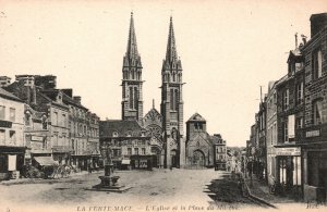 La Ferte-Mace France, View of Church and Market Square, Vintage Postcard