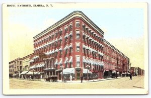 Vintage Postcard Hotel Rathbun Building Sidewalk Road Highway Elmira York NY