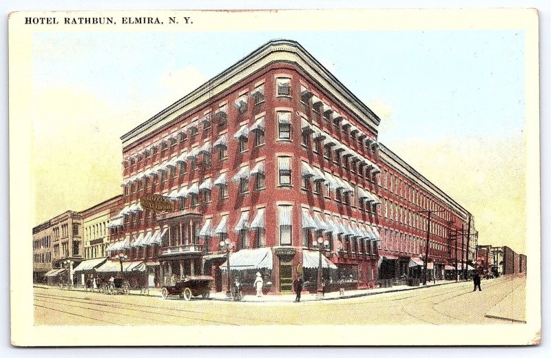 Vintage Postcard Hotel Rathbun Building Sidewalk Road Highway Elmira York NY