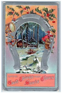Christmas Postcard Horseshoe Holly Berries Toys Winter Scene Los Angeles CA 1909