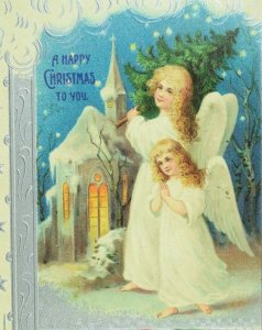 C.1900-10 Embossed Angel Tree Holly Berries Happy Christmas Vintage Postcard F56