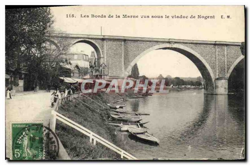 Old Postcard The Banks of the Marne saw under the viaduct of Nogent