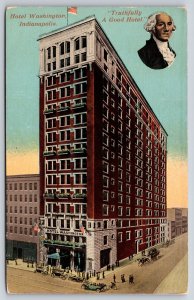 Indianapolis Indiana~Hotel Washington~Automobile~Portrait~USA Flag~1913 Postcard