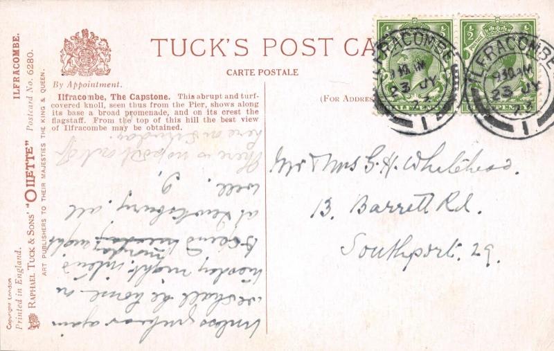 INFRACOMBE UK THE CAPSTONE TUCK OILETTE ARTIST SIGNED POSTCARD 1923