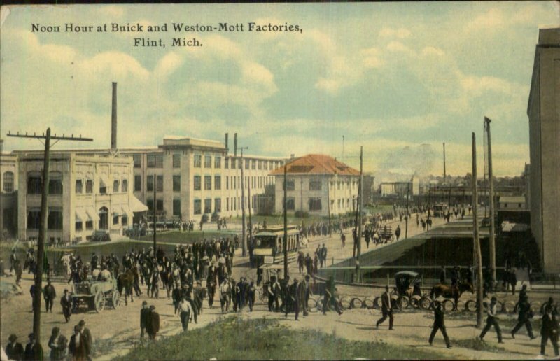 Flint MI Noon Hour Buick & Weston Mott Factories c1910 Postcard